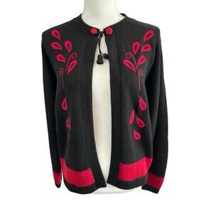ALPACA Style Cardigan Sweater Bolivia L Red Black Embroidered Tassle LS
